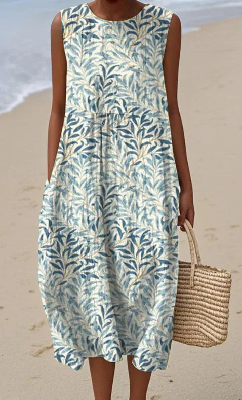 Floral Print Long Casual Loose Summer Dress with Round Neck For Women