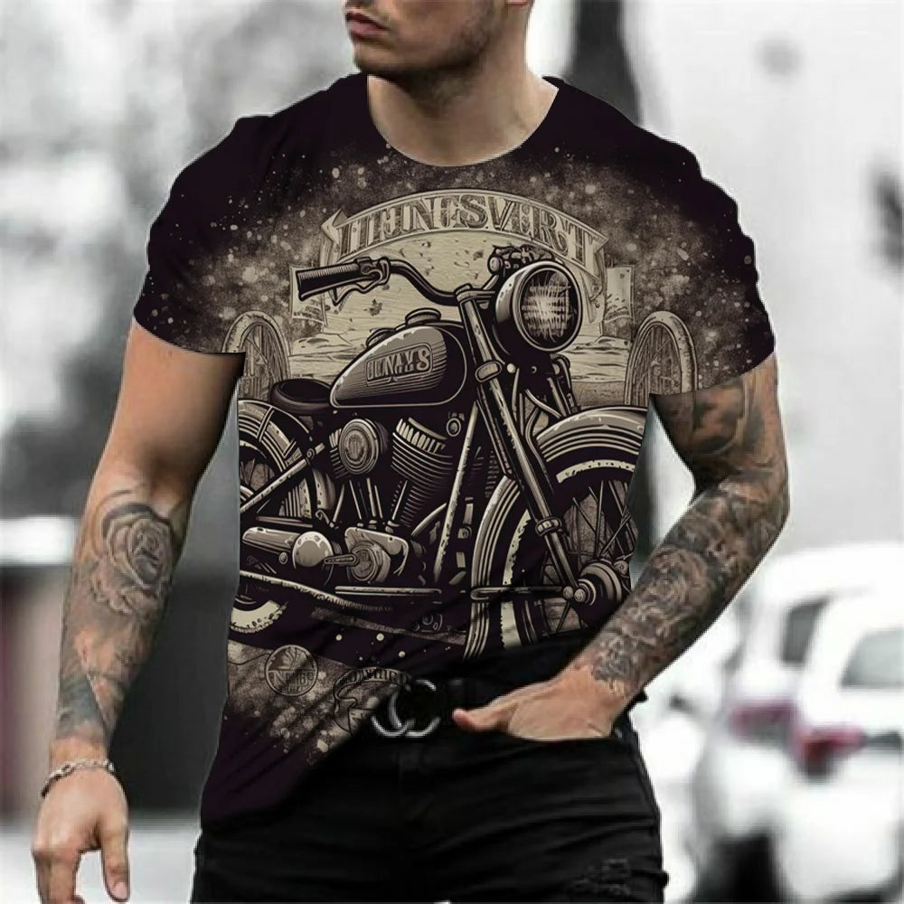 3D Motorcycle Print Vintage Short Sleeve Biker T-Shirt