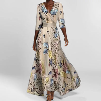 Elegant High-Waisted A-Line Printed V-Neck Short Sleeve Summer Dress