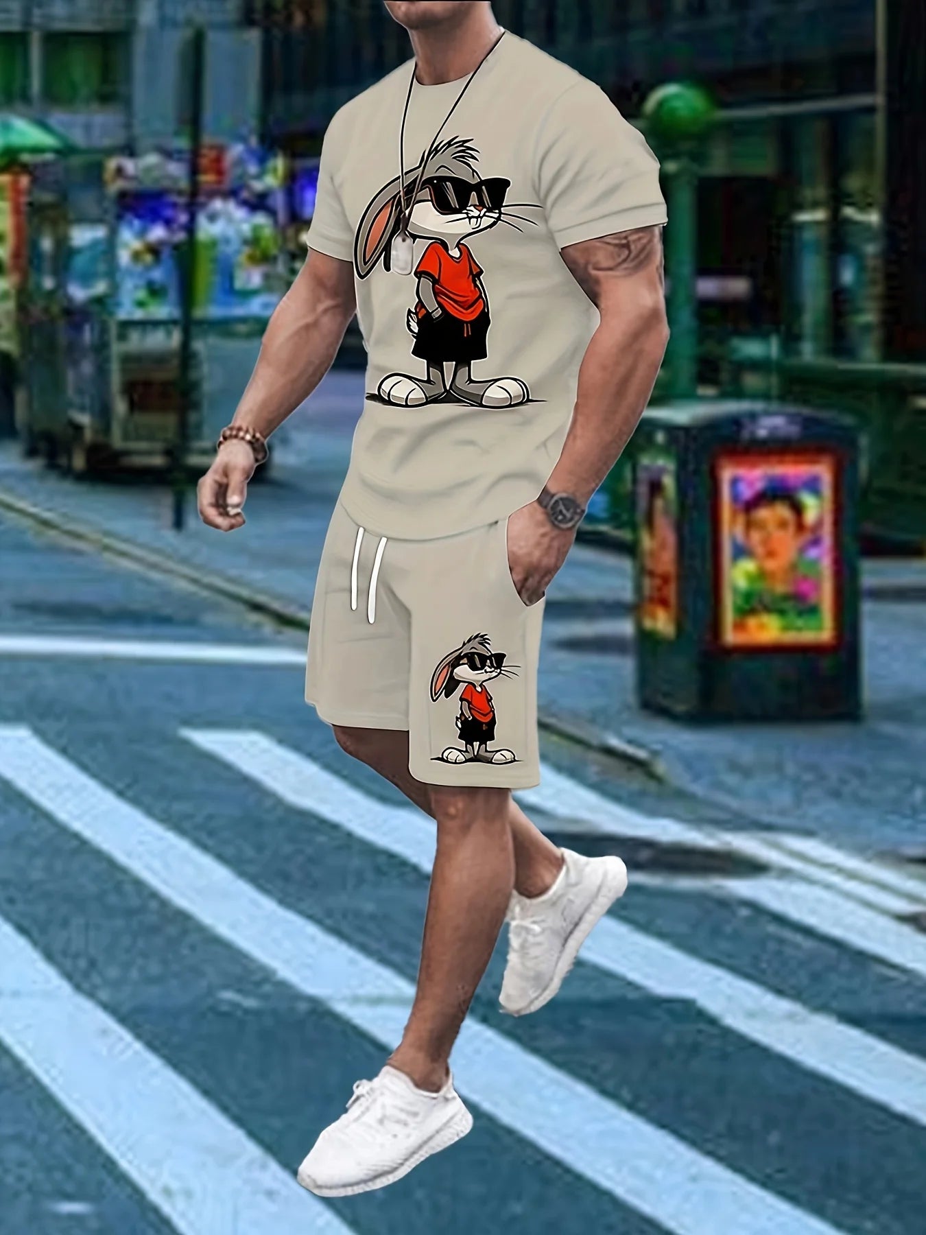 Men’s 2-Piece Set – 3D Cartoon Rabbit Print T-Shirt & Shorts | Summer Streetwear
