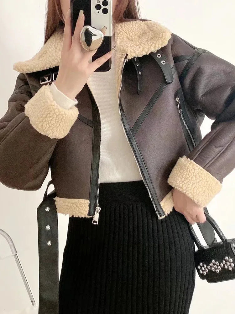 Faux Lamb Leather Fur Biker Jacket