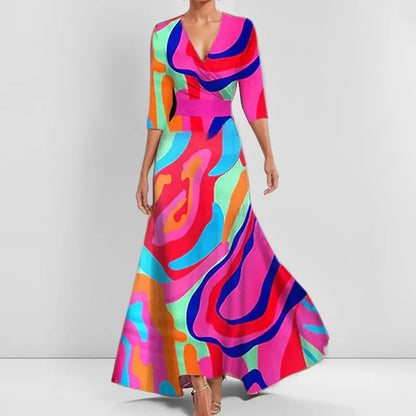 Elegant High-Waisted A-Line Printed V-Neck Short Sleeve Summer Dress