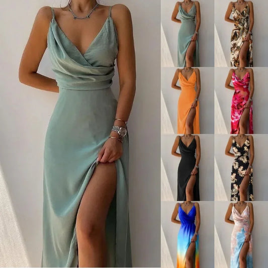 Printed Spaghetti Strap V-Neck A-Line Maxi Dress