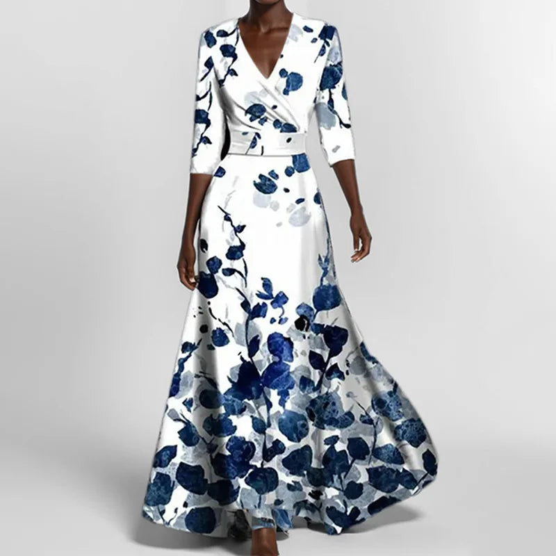 Elegant High-Waisted A-Line Printed V-Neck Short Sleeve Summer Dress