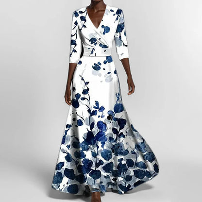Elegant High-Waisted A-Line Printed V-Neck Short Sleeve Summer Dress