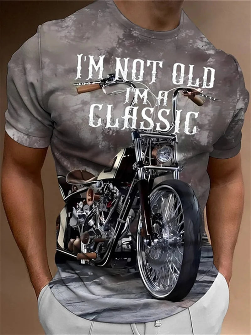 3D Motorcycle Print Vintage Short Sleeve Biker T-Shirt