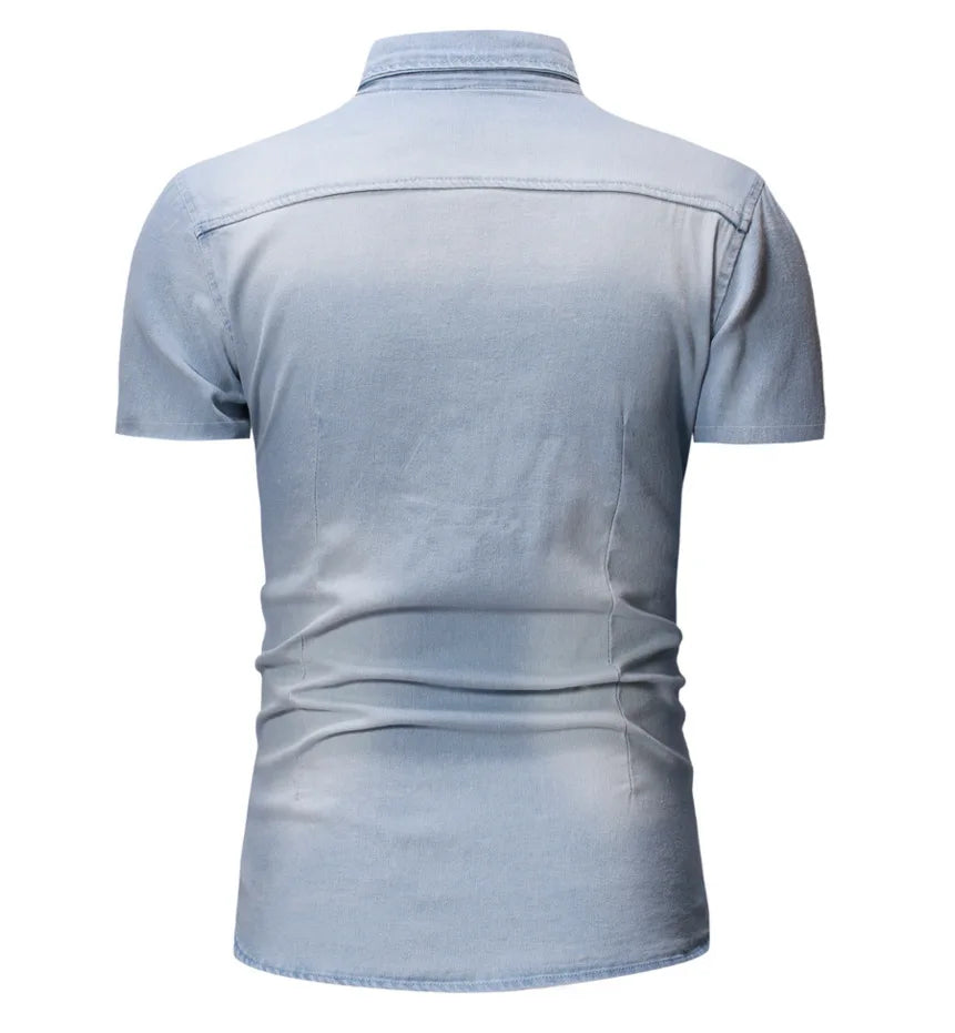 **"Men’s Slim Fit Denim Shirt – Short Sleeve Cowboy Top"**