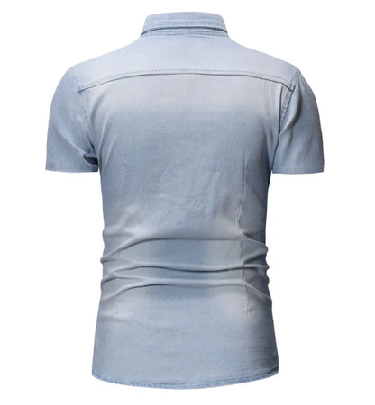 **"Men’s Slim Fit Denim Shirt – Short Sleeve Cowboy Top"**