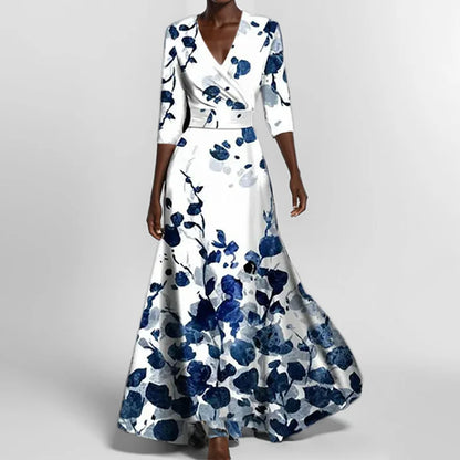 Elegant High-Waisted A-Line Printed V-Neck Short Sleeve Summer Dress