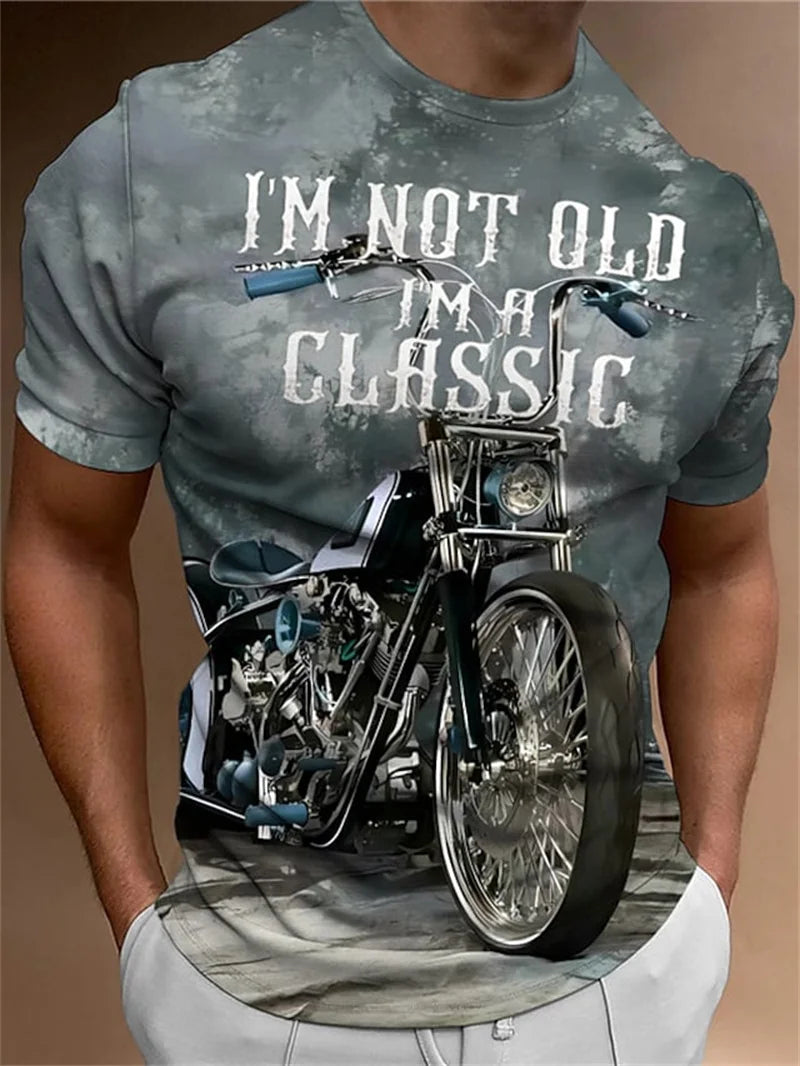 3D Motorcycle Print Vintage Short Sleeve Biker T-Shirt