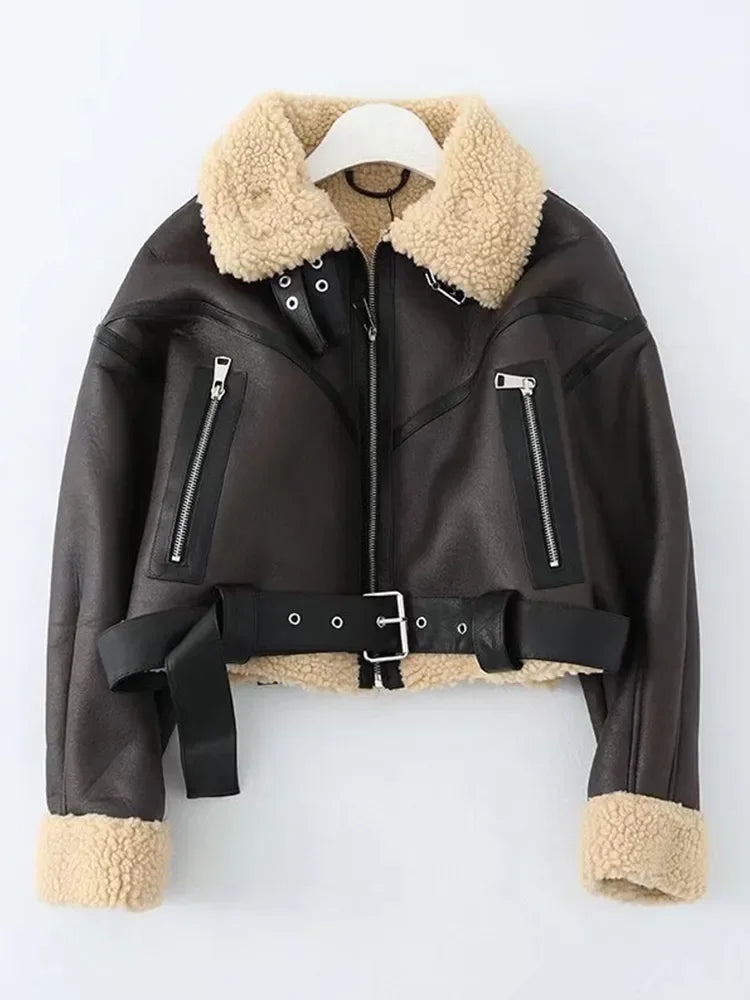 Faux Lamb Leather Fur Biker Jacket