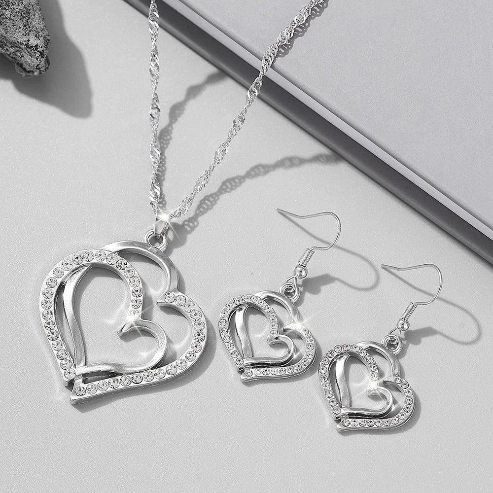 3 Pcs Heart Shaped Rhinestone Jewelry Set