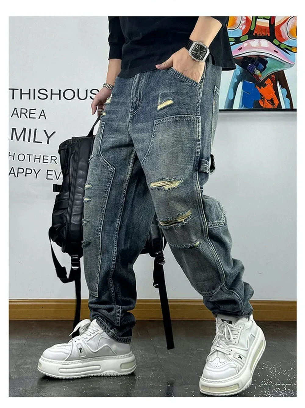 Ripped Patch Baggy Jeans