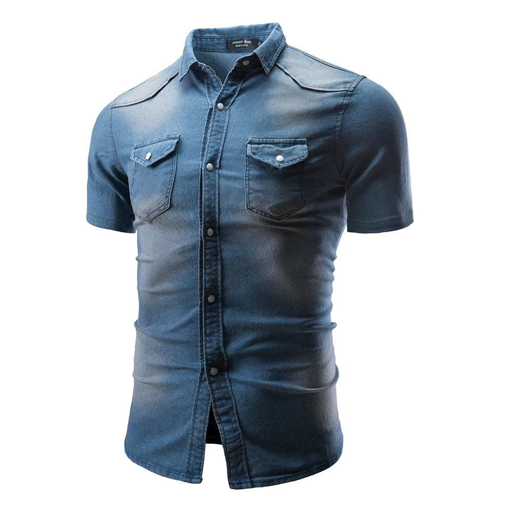 **"Men’s Slim Fit Denim Shirt – Short Sleeve Cowboy Top"**