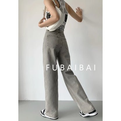 Grey Women's High Waist Straight Baggy Denim Jeans