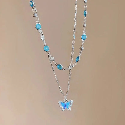 Romantic Blue Crystal Butterfly Necklace