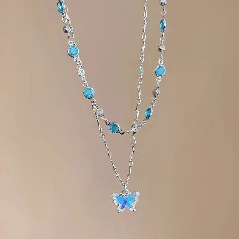 Romantic Blue Crystal Butterfly Necklace