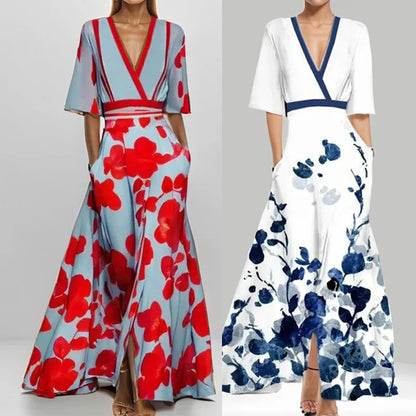 Elegant High-Waisted A-Line Printed V-Neck Short Sleeve Summer Dress