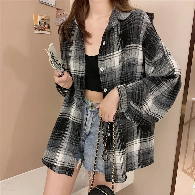 Autumn Long Sleeve Vintage Preppy Style Plaid Shirt