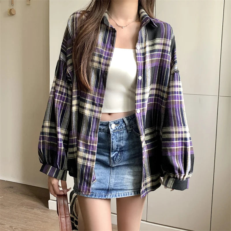 Autumn Long Sleeve Vintage Preppy Style Plaid Shirt