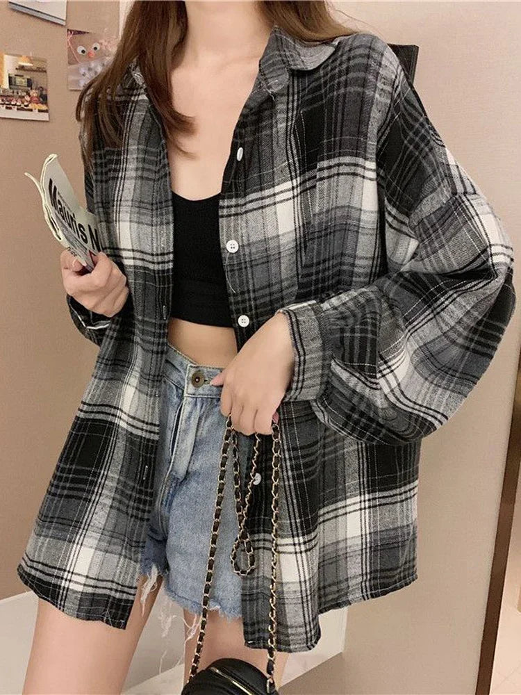 Autumn Long Sleeve Vintage Preppy Style Plaid Shirt