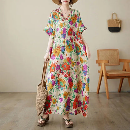 "Soleil Luxe – Elegante Harajuku Maxi Dress van Katoen & Linnen"