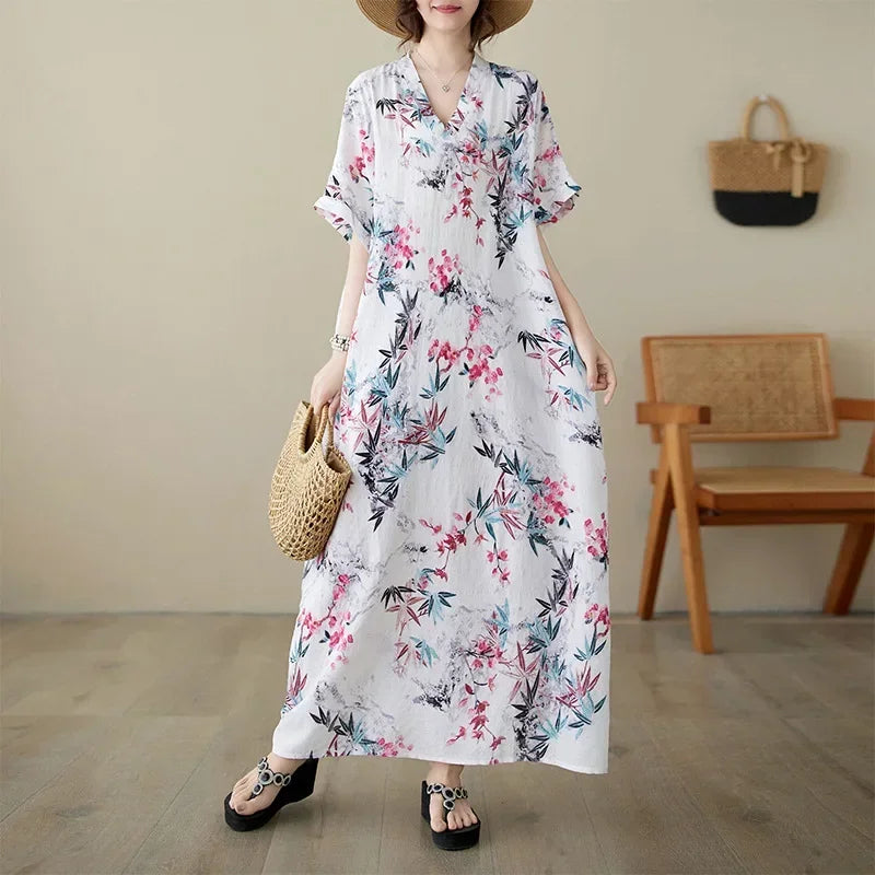 "Soleil Luxe – Elegante Harajuku Maxi Dress van Katoen & Linnen"
