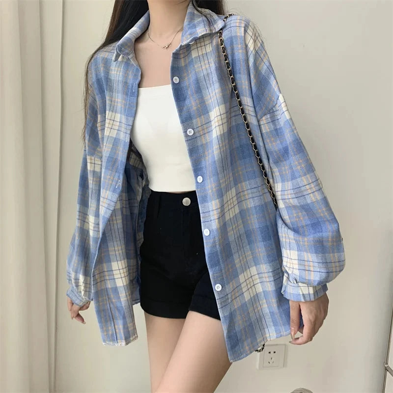 Autumn Long Sleeve Vintage Preppy Style Plaid Shirt