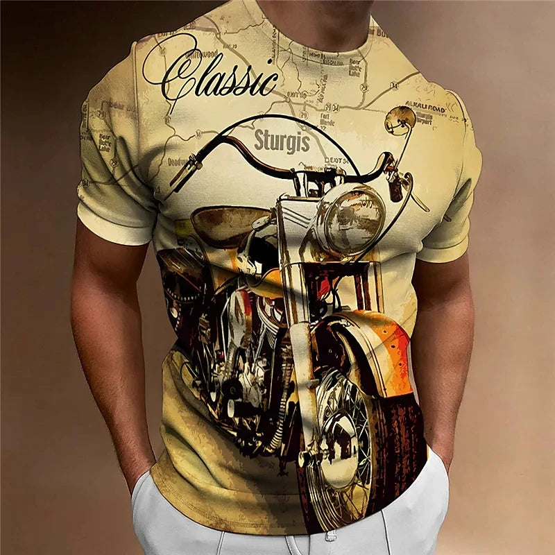 3D Motorcycle Print Vintage Short Sleeve Biker T-Shirt