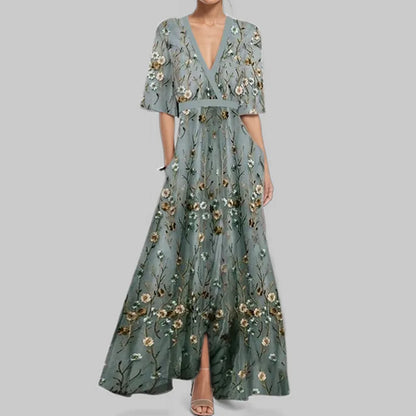 Elegant High-Waisted A-Line Printed V-Neck Short Sleeve Summer Dress