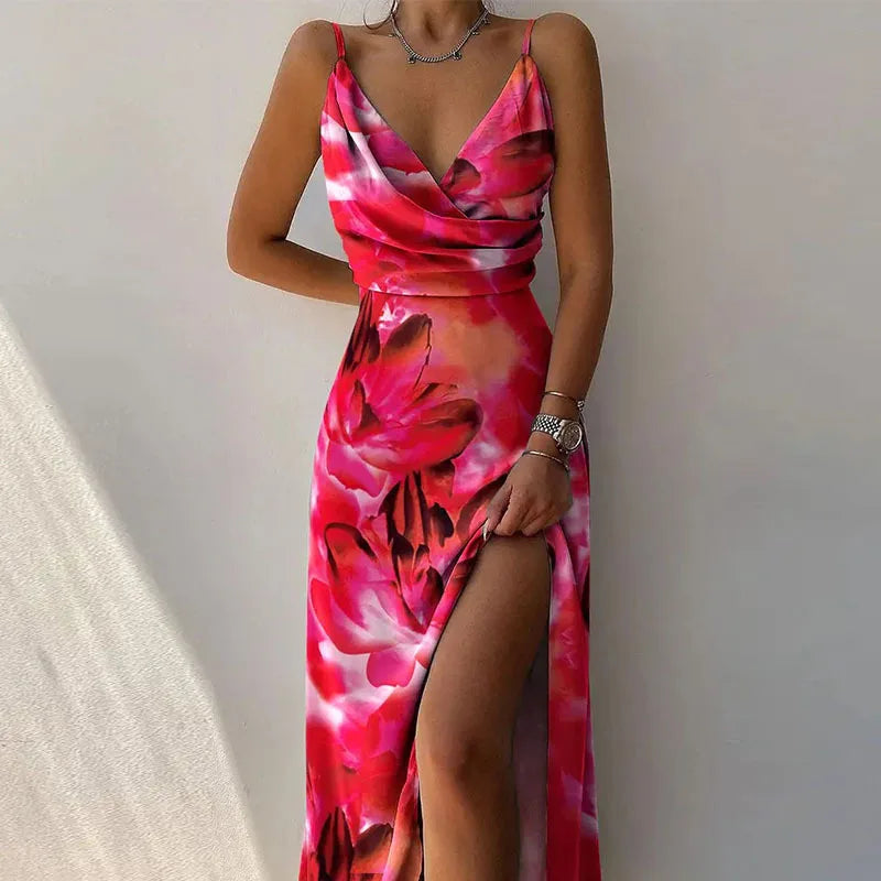 Printed Spaghetti Strap V-Neck A-Line Maxi Dress