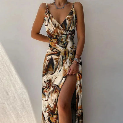 Printed Spaghetti Strap V-Neck A-Line Maxi Dress