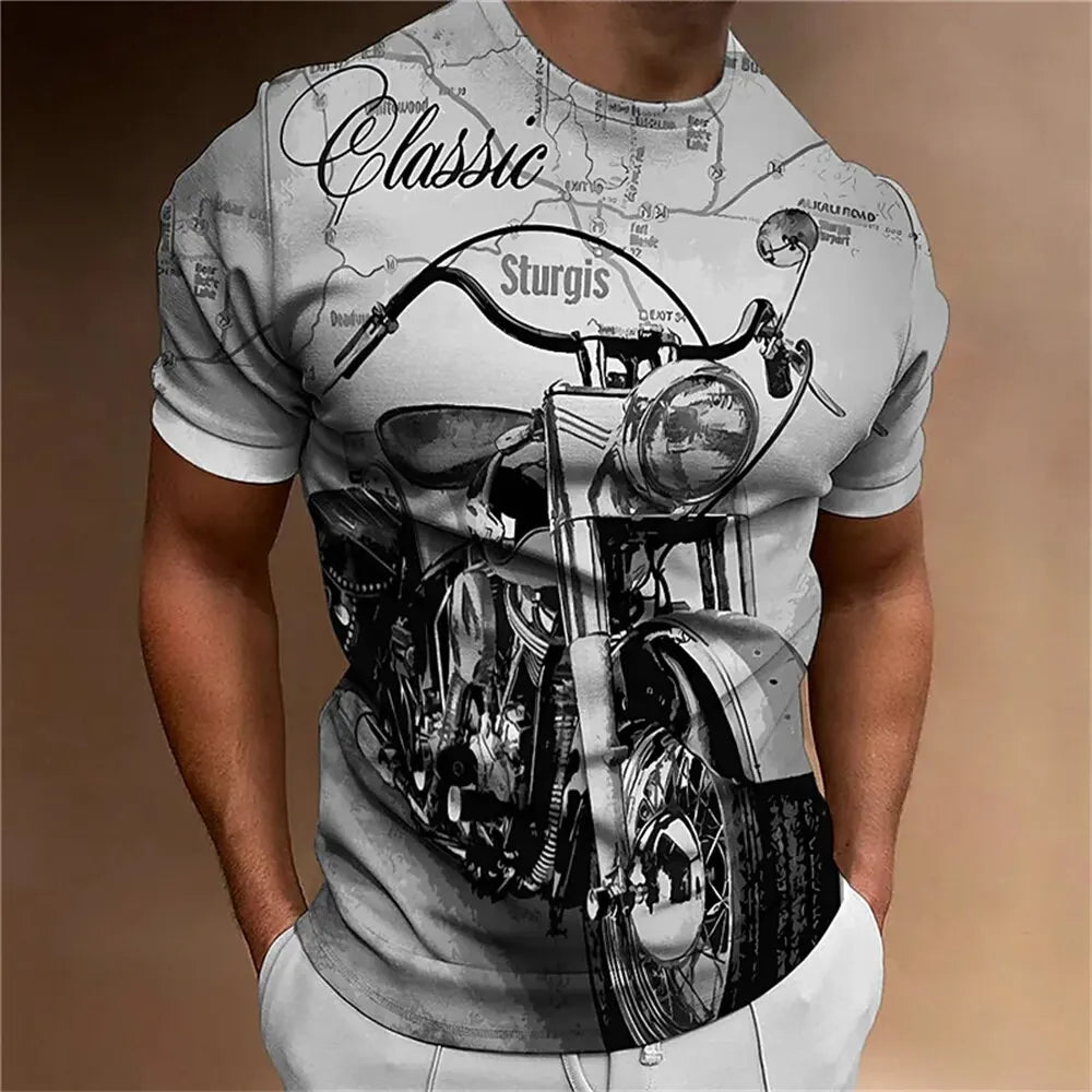 3D Motorcycle Print Vintage Short Sleeve Biker T-Shirt