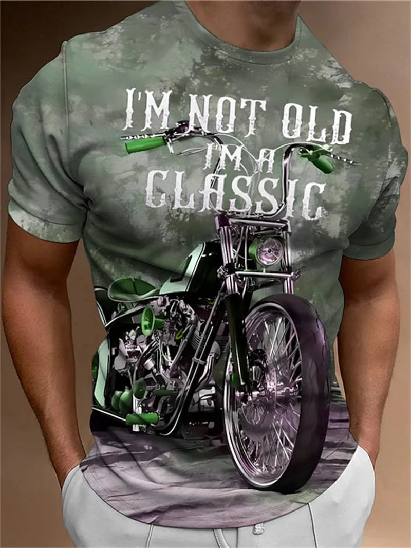 3D Motorcycle Print Vintage Short Sleeve Biker T-Shirt