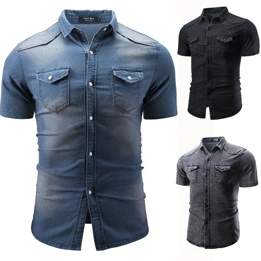 **"Men’s Slim Fit Denim Shirt – Short Sleeve Cowboy Top"**