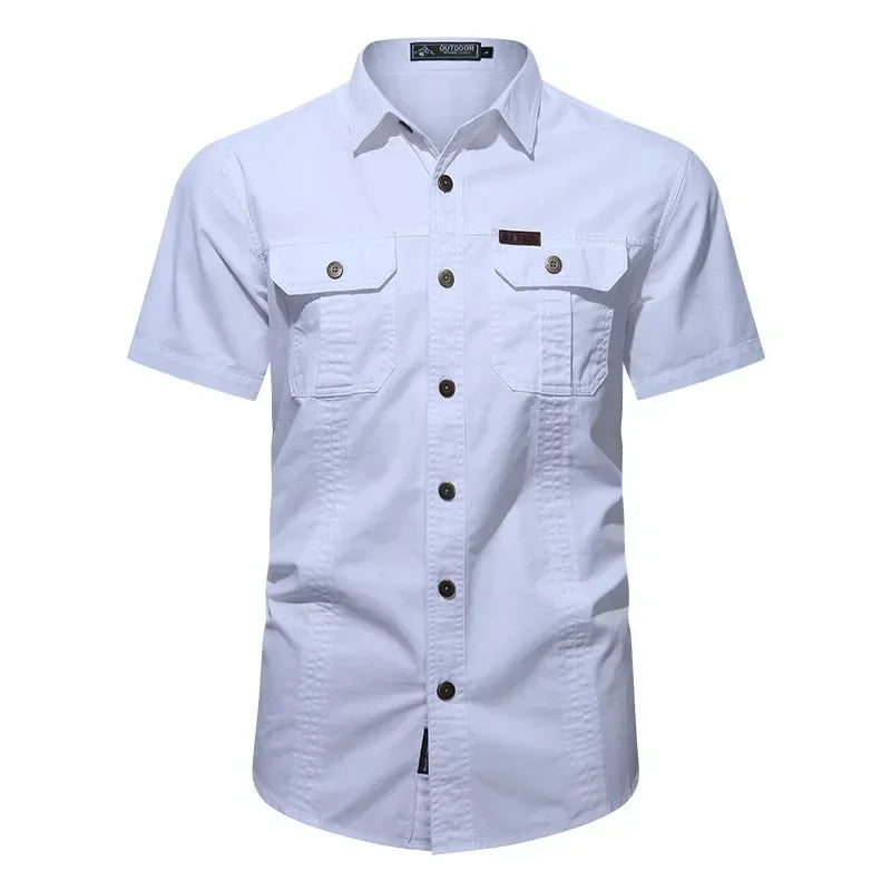 New Men's Work Shirt Casual Retro 100% Cotton Short Sleeve Flying Cargo Shirt Men's Summer Fishing Hunting Multi Pocket Shirt