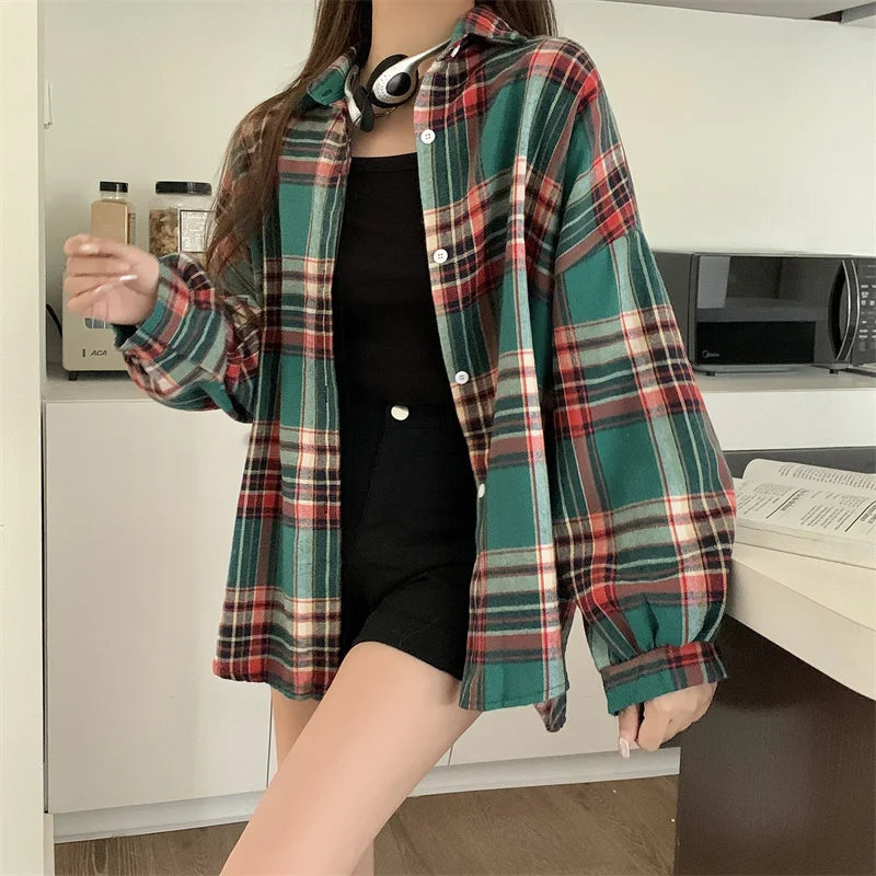 Autumn Long Sleeve Vintage Preppy Style Plaid Shirt