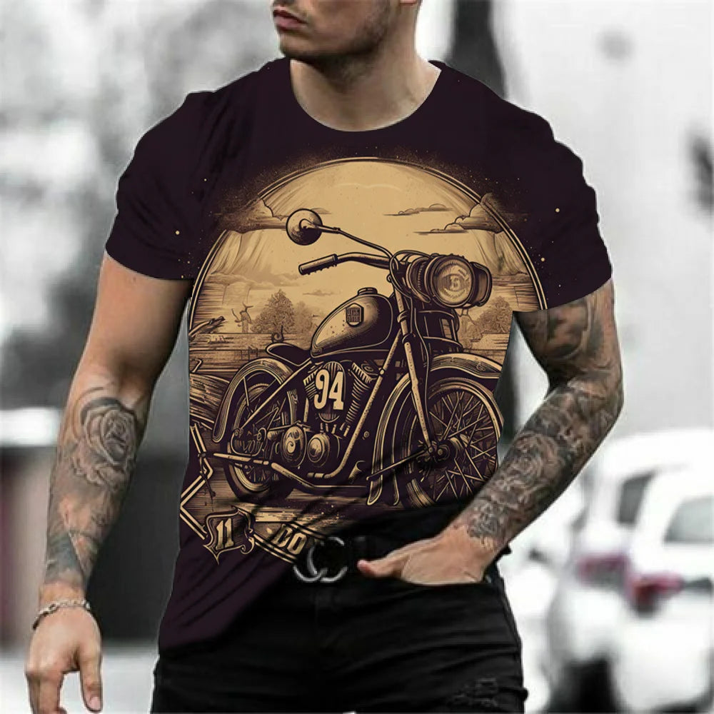 3D Motorcycle Print Vintage Short Sleeve Biker T-Shirt