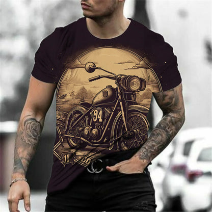 3D Motorcycle Print Vintage Short Sleeve Biker T-Shirt