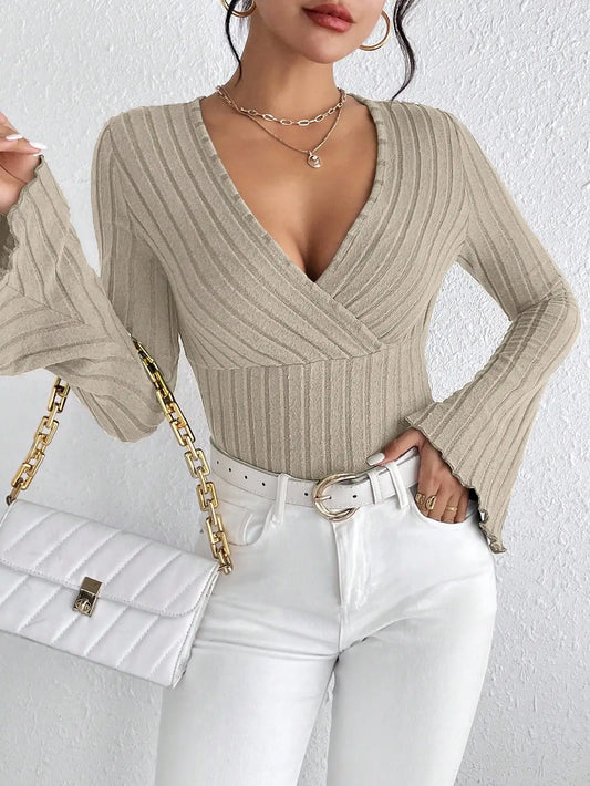 Fall Winter Long-Sleeved V-Neck Slim Striped Knitted Top