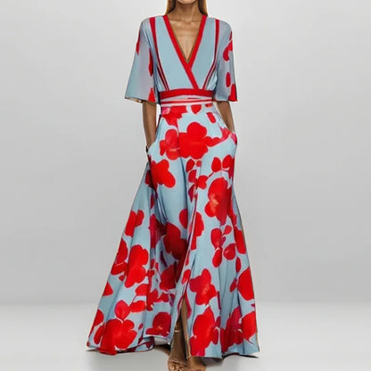 Elegant High-Waisted A-Line Printed V-Neck Short Sleeve Summer Dress