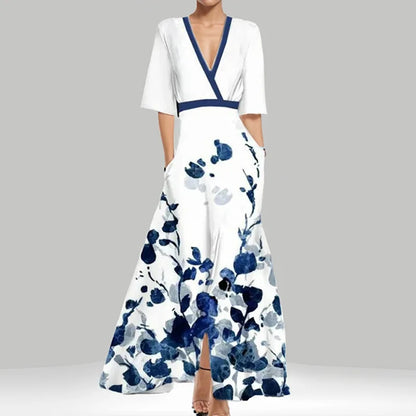 Elegant High-Waisted A-Line Printed V-Neck Short Sleeve Summer Dress
