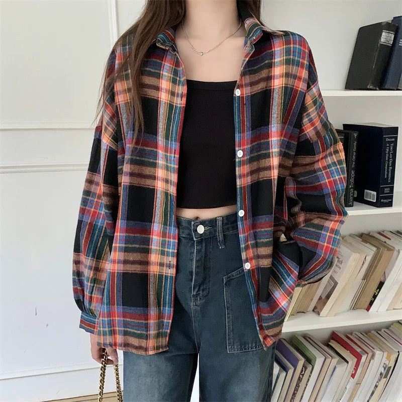 Autumn Long Sleeve Vintage Preppy Style Plaid Shirt