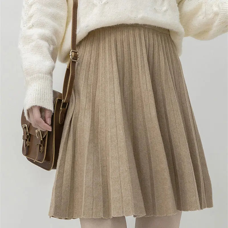 High Waist Pleated A-line Knitted Skirt