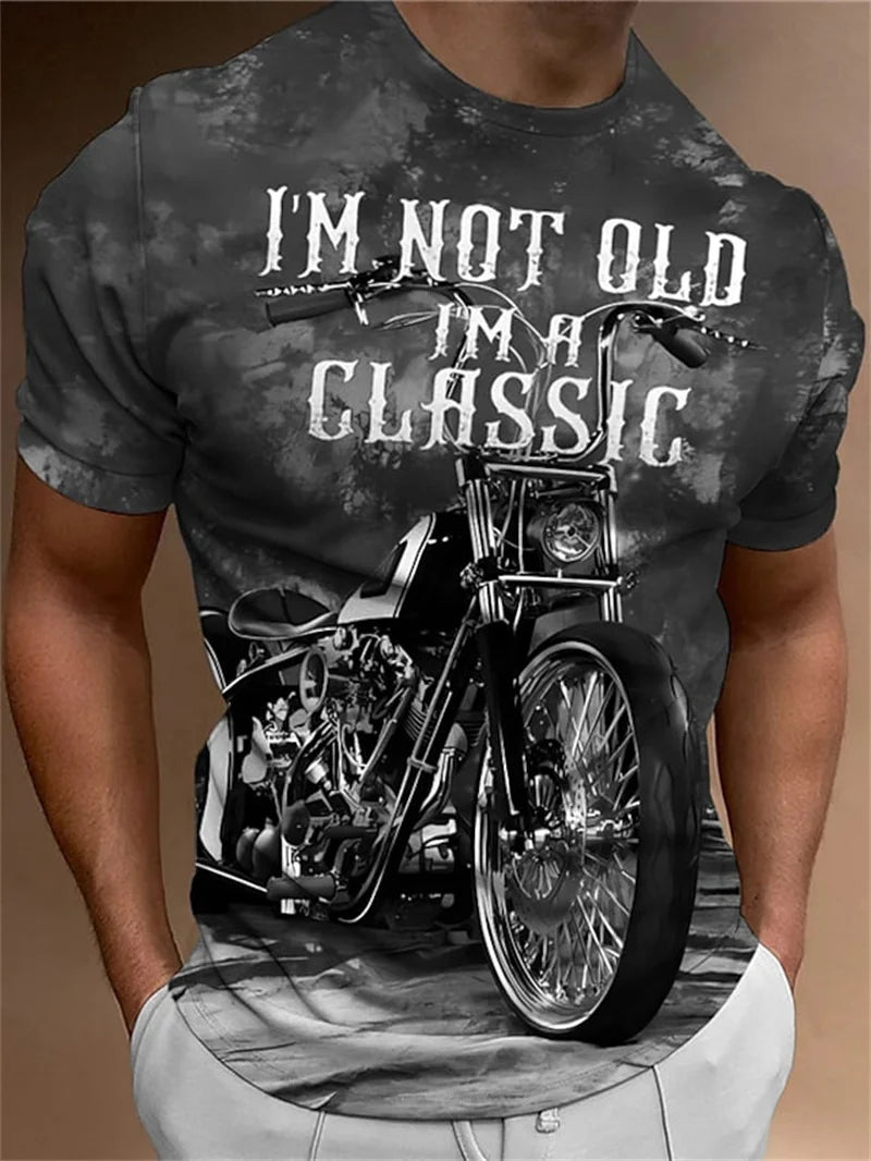 3D Motorcycle Print Vintage Short Sleeve Biker T-Shirt