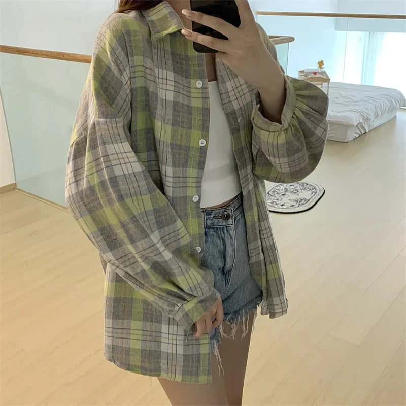 Autumn Long Sleeve Vintage Preppy Style Plaid Shirt