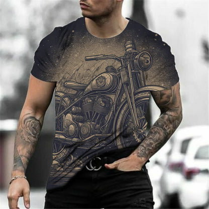 3D Motorcycle Print Vintage Short Sleeve Biker T-Shirt