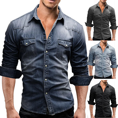 Shirts Men Tops Shirt Solid Turn Down Collar Full Sleeve Single Breasted Simple Slim Fit Button Casual Splice Regular Top