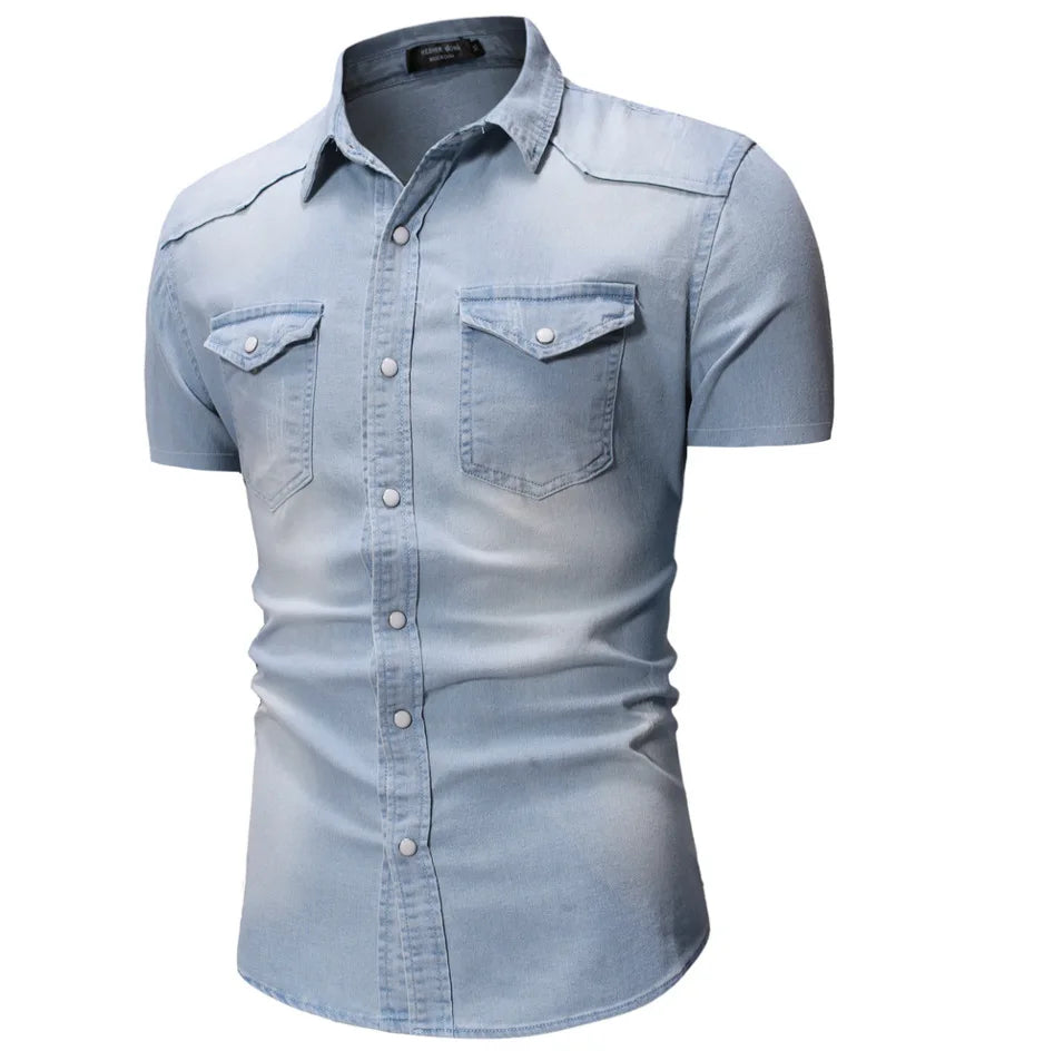 **"Men’s Slim Fit Denim Shirt – Short Sleeve Cowboy Top"**
