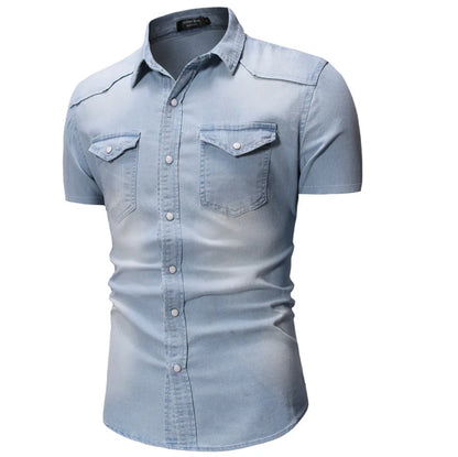 **"Men’s Slim Fit Denim Shirt – Short Sleeve Cowboy Top"**